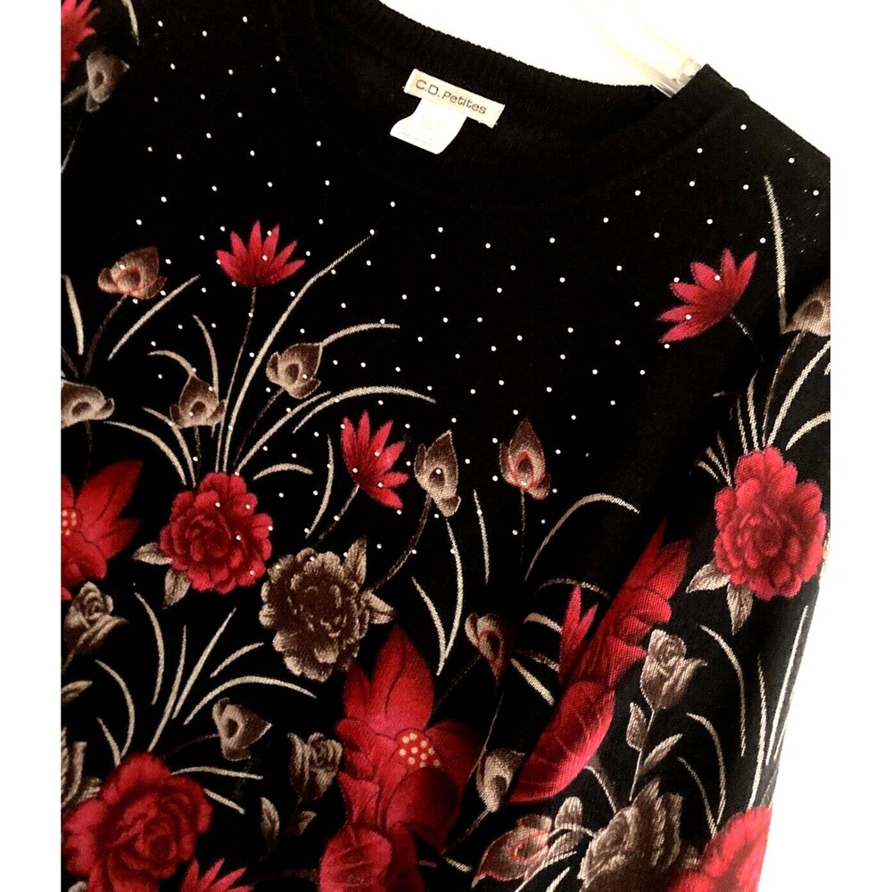 CD Petites Floral Sweater Womens PM Black Red Acrylic Stud Accents 3/4 Sleev